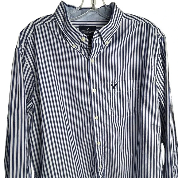 American Eagle Men's L Blue Striped Long Sleeve Button-Up Shirt Casual - Picture 3 of 8